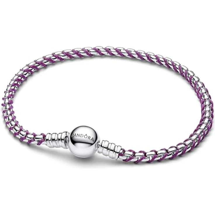 PANDORA Moments Lilafarbene Kordel Kastenkette Armband, Sterling Silber, 18cm, kompatibel mit Moments Kollektion