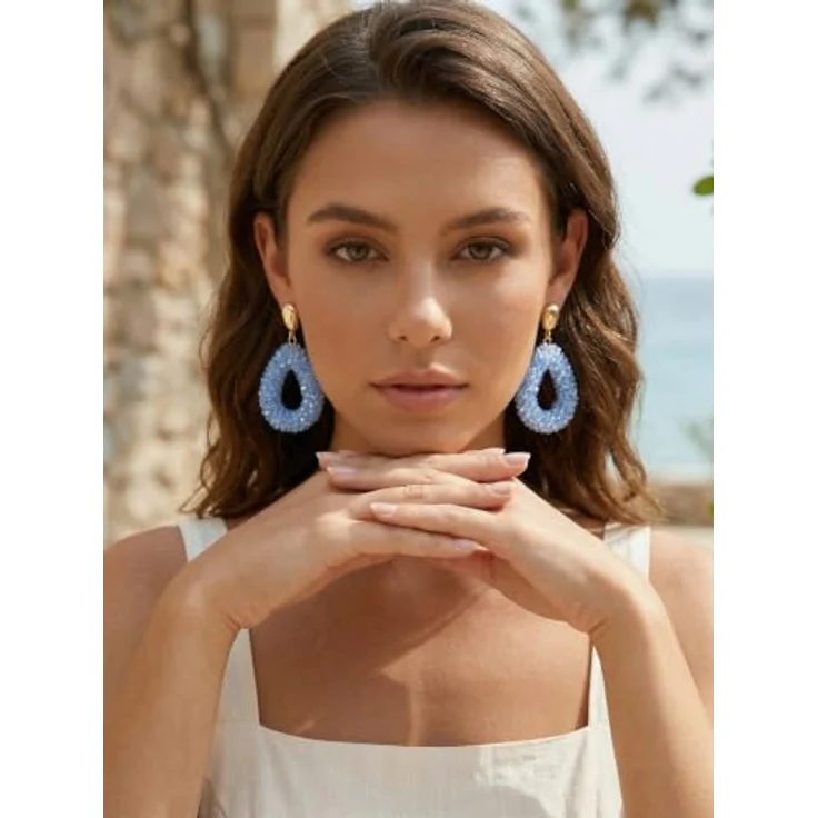 BREPINE Blau Boho Ohrringe, hängend mit tropfenförmigen Reisperlen, leicht und elegant, 2,09 Zoll, modischer Schmuck für Damen – Bild 2