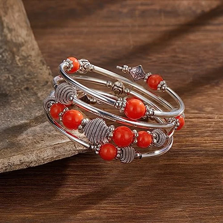 Bulinlin Silber Wickelarmband mit Naturstein Perlen, Boho Mehrschichtiges Damen Armband, Orange, Geschenkbox für Geburtstage – Bild 3