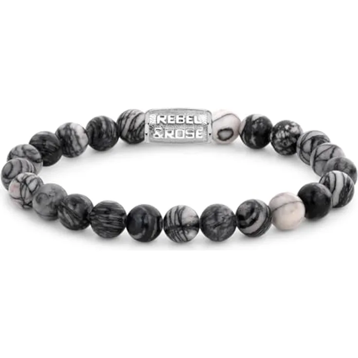 Rebel & Rose Herren Bead-Armband Black Wolf, 8 mm Achat-Kugelkette, silber, 19 cm