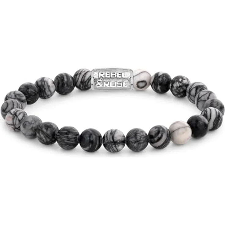 Rebel & Rose Herren Bead-Armband Black Wolf, 8 mm Achat-Kugelkette, silber, 19 cm – Bild 1