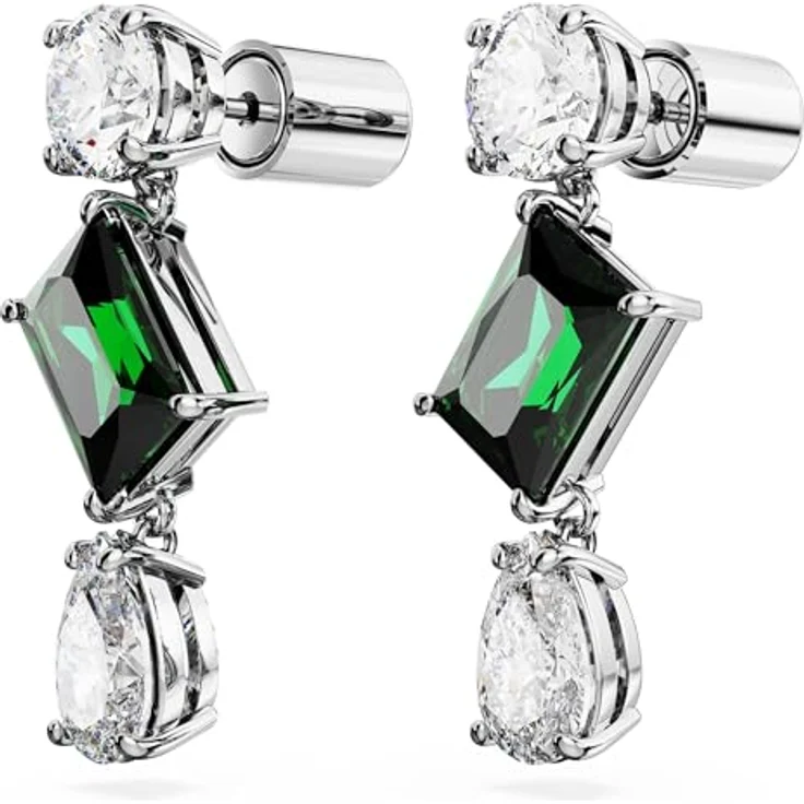 Swarovski Mesmera Drop-Ohrhänger, Grüne und Rhodinierte Hängeohrringe mit Swarovski Kristallen im Oktagon-Treppenschliff – Bild 3