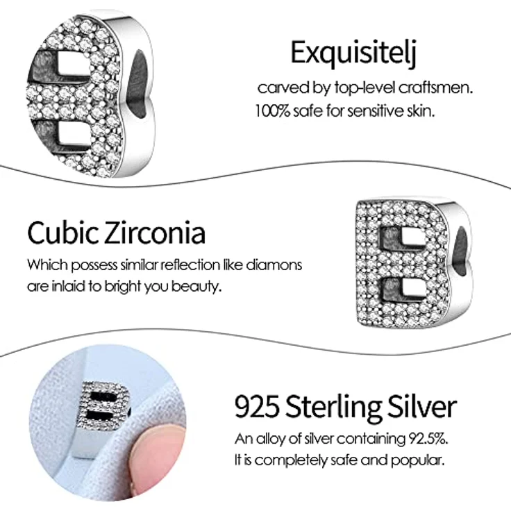 Pandach Charm Anhänger Buchstabe B aus 925 Sterling Silber mit Zirkonia-Steinen, kompatibel mit europäischen Armbändern und Halsketten für Damen und Mädchen – Bild 5