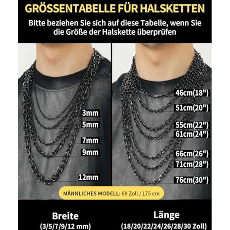 ChainsHouse Rolokette 7mm Schwarz, Herren Halskette aus 316L Edelstahl, 71cm Länge, Punk O-Kette Ankerkette mit Karabinerverschluss – Bild 4