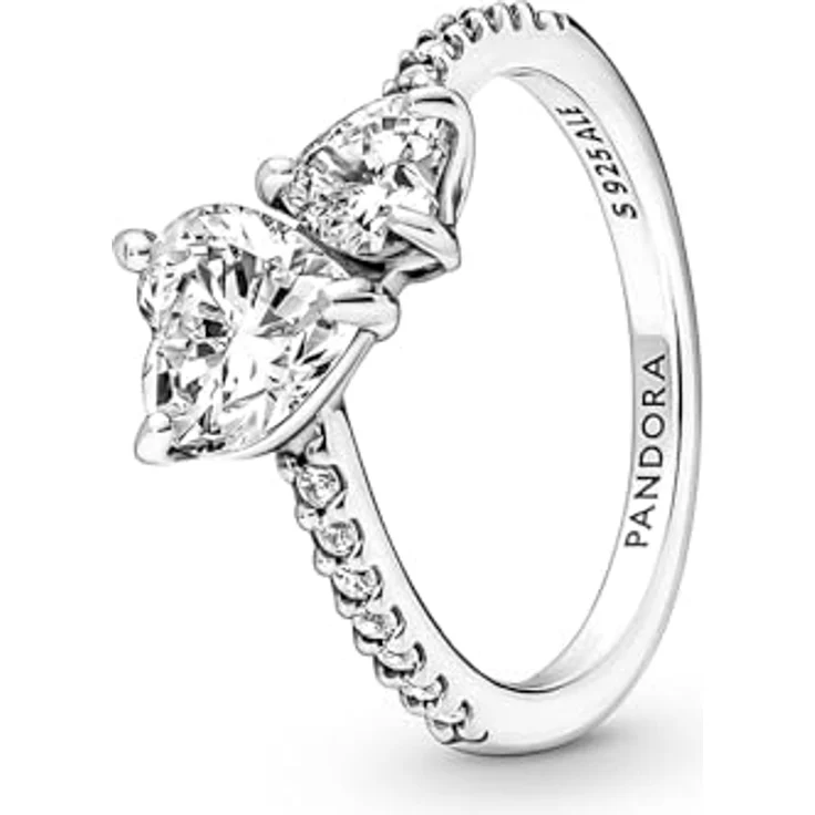 Pandora Timeless Doppel-Herz Ring, 952 Sterling Silber mit klaren Cubic Zirkonia, asymmetrisch designt, 191198C01-54 – Bild 1