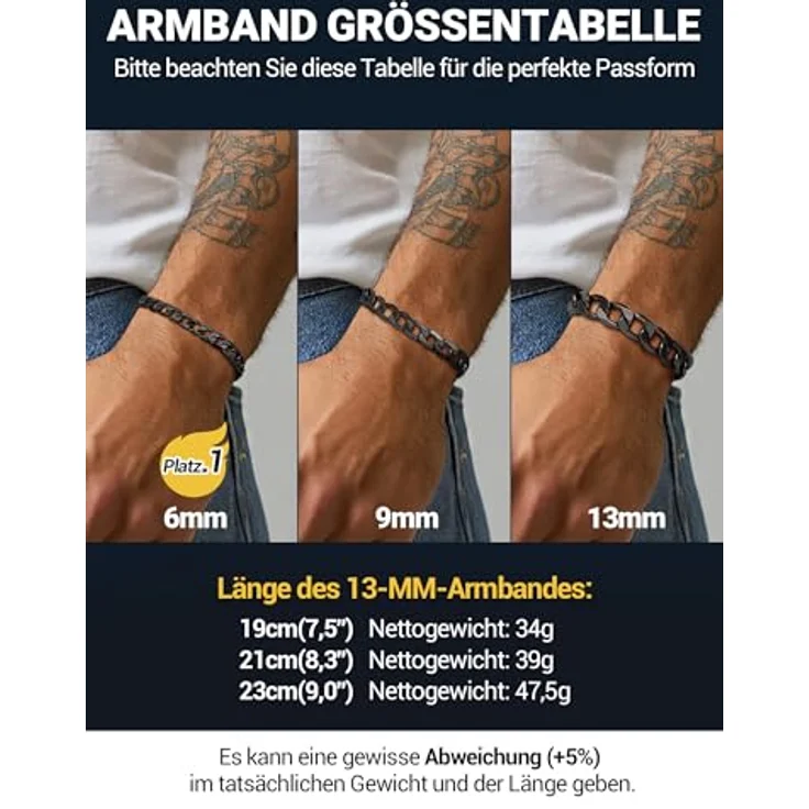 PROSTEEL Panzerarmband Herren, 316L Edelstahl, 21 cm lang, 13 mm breit, schwarz, klassisches Design, wasserdicht und hautfreundlich – Bild 2