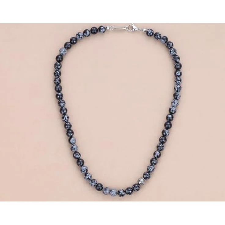 GAVU Herren Halskette, handgemachte 60 cm Schneeflocken Obsidian mit Edelstahl Fleur De Lis Perlen, heilender Kristall – Bild 4
