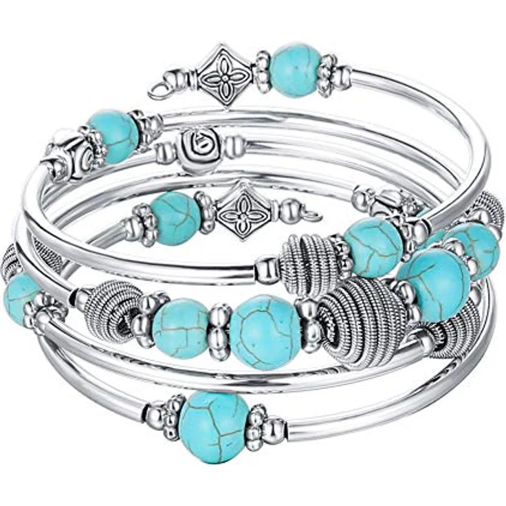 Bulinlin Silber Wickelarmband mit Naturstein Perlen, Mehrschichtiges Boho Damenarmband in Türkis - Umweltmaterialien, Geschenkbox, flexibles Wraparound-Design – Bild 1
