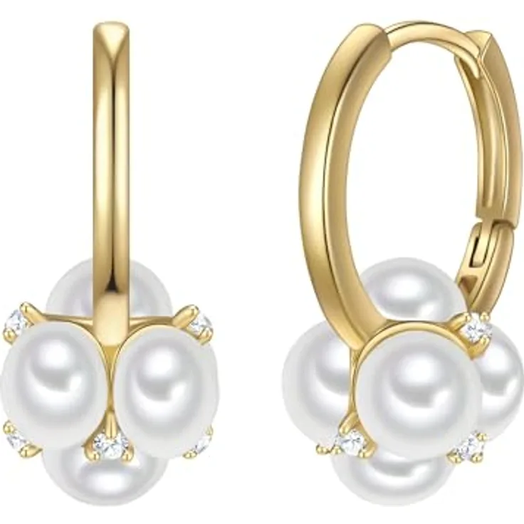 Yokoamii Damen Creolen aus gelbvergoldetem Messing 14 Karat mit synthetischer Perle (ca. 4,5-5,0 mm) und weißen Zirkonia