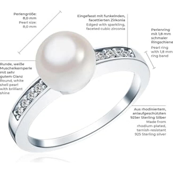 Rafaela Donata Damen-Ring 925/- Sterling Silber mit 8 mm runder weißer Muschelkernperle und Zirkonia, schmaler Perlenring – Bild 2