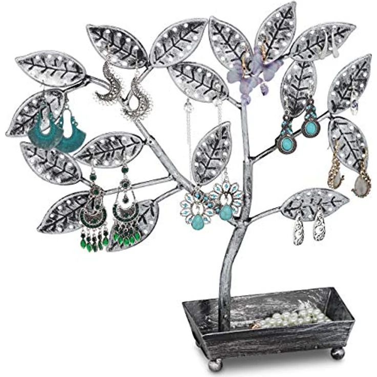 Relaxdays Schmuckbaum mit Schale, Ohrringhalter für 68 Paar Ohrringe, schwarz-silber, Metall, HBT 31x31x8,5 cm – Bild 1