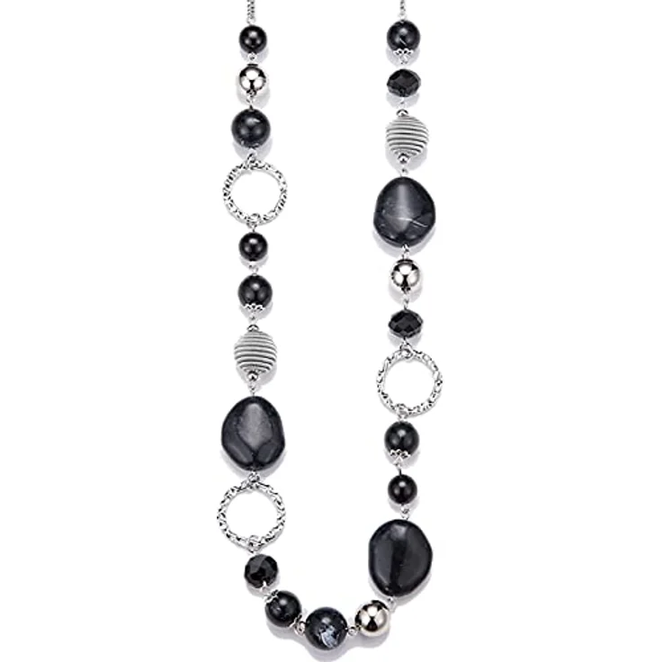 Bulinlin Damen Lange Perlenkette Statement Boho Silberkette mit Harz- und Glaskristallperlen, 35 Zoll + 3 Zoll Verlängerung, Schwarz – Bild 1