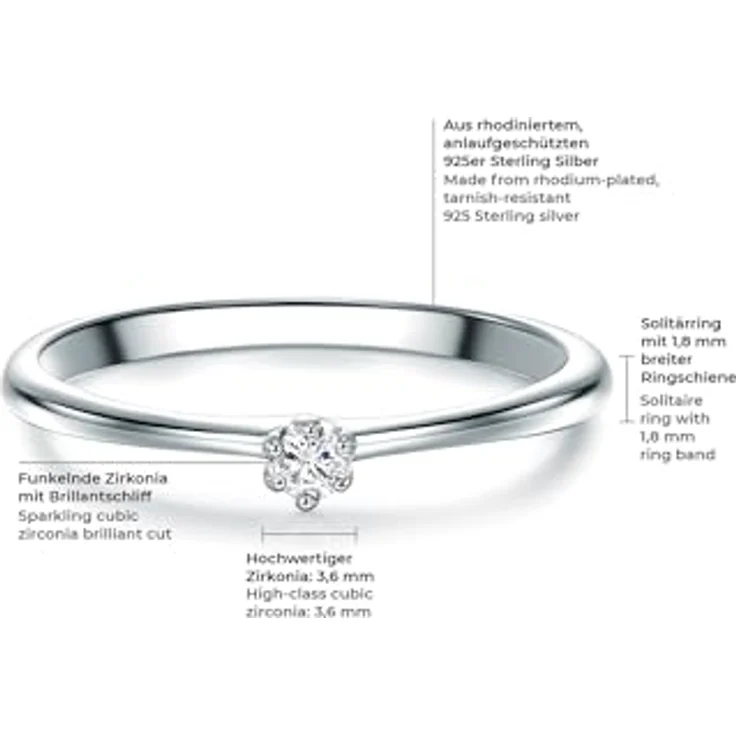 Trilani Damen-Solitärring Sterling Silber, weißer Zirkonia im Brillantschliff, 2 mm Ringschiene, Vorsteckring und Verlobungsring – Bild 2