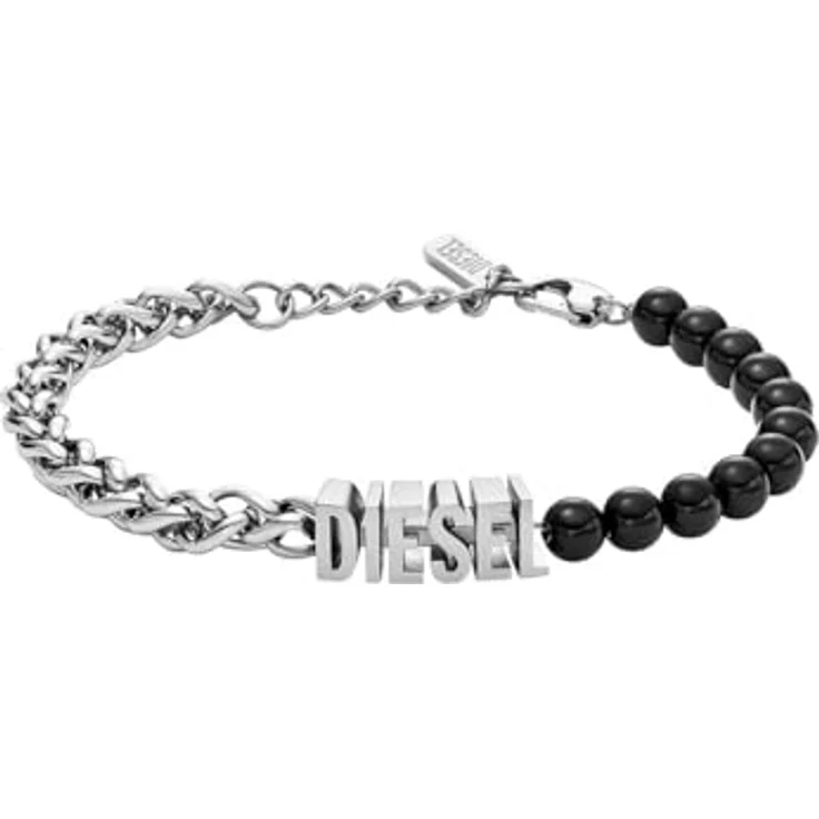 Diesel Unisex Font-Gliederarmband Achat schwarz, Edelstahl Silberfarben, gebürstet, Karabinerverschluss – Bild 1