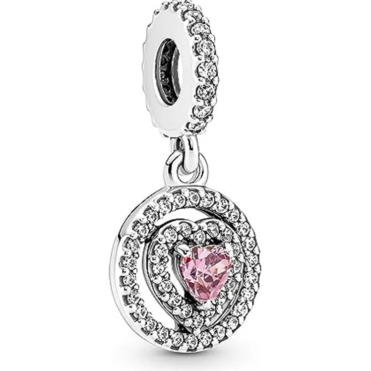 PANDORA Charm Anhänger Doppeltes Halo-Herz in Pink mit Zirkonia, Sterling-Silber 791476C01