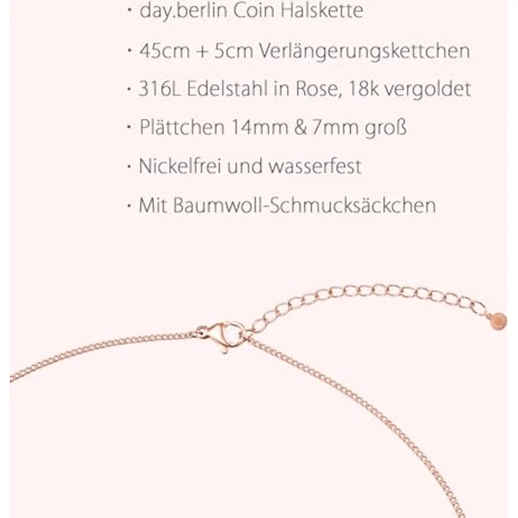 day.berlin Damen Halskette Rosegold 18k vergoldet, 45+5cm Panzerkette mit Plättchen und Coin Anhänger, 316L Edelstahl, nickelfrei & wasserfest – Bild 3