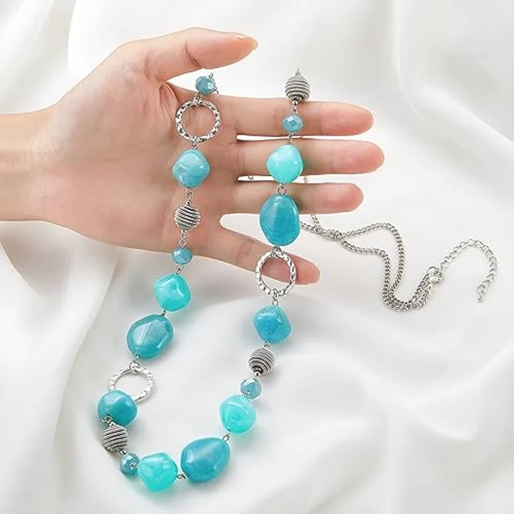 Bulinlin Silber Perplen Langkette für Damen, Boho Statement Chain Halskette in Dunkel Hell Türkis, 35+3 Zoll, langlebig und nickelfrei, ideales Geburtstagsgeschenk – Bild 5