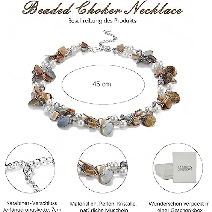 FULU AUTUMN Kristall Perlenkette Boho Muschelkette Damen, 18 Zoll + 2,7 Zoll verlängerbar, Bunte Mehrreihige Halskette aus hochwertigen Materialien, Geschenke für Frauen – Bild 4