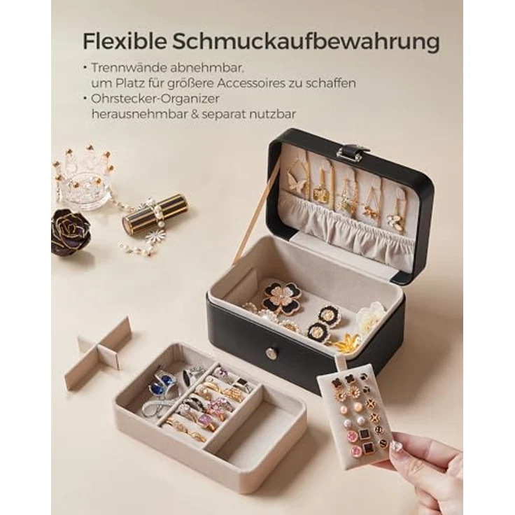 SONGMICS GISELLA Schmuckkästchen, tragbare Schmuckaufbewahrung mit 2 Ebenen, tintenschwarz, 11,6 x 16 x 7,5 cm, ideal für größere Accessoires – Bild 5