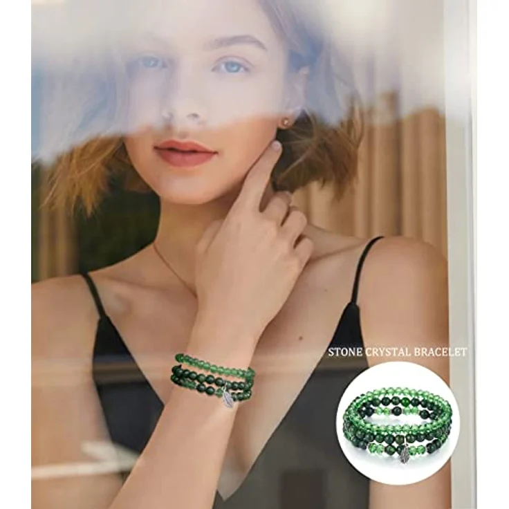 FULU AUTUMN Perlenarmband Set, Mehrschichtiges Stretch Damen Armband aus Naturstein und Kristall in Dunkelgrün, Boho Modeschmuck für Mama, Oma und Frau, ideales Geburtstagsgeschenk – Bild 4