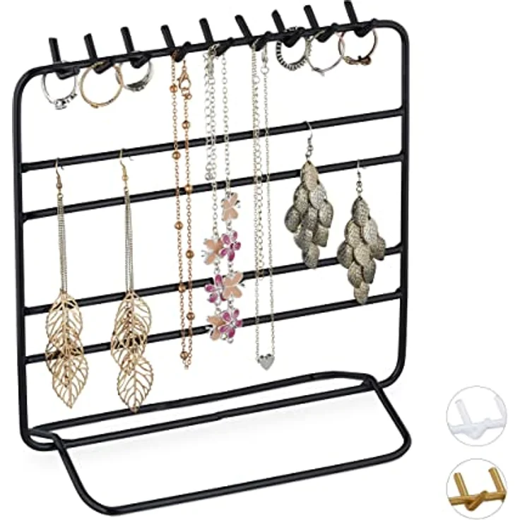 Relaxdays Schmuckständer, Organizer für Ketten, Ohrringe und Armbänder, schwarzes Eisen, 18 Haken, 21x20x10 cm – Bild 1