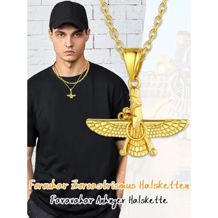 U7 Männer Halskette Gold Kette Faravahar Anhänger aus Edelstahl, 50cm verstellbare Rolokette, 18k vergoldet, Zoroastrismus Amulett für Herren und Damen, Geschenkidee für Weihnachten – Bild 2