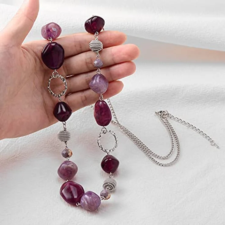 Bulinlin Silber Perlen Lange Kette für Damen, Boho Statement Chain, 35+3 Zoll, versilbert, elegantes Geschenkmotiv – Bild 3