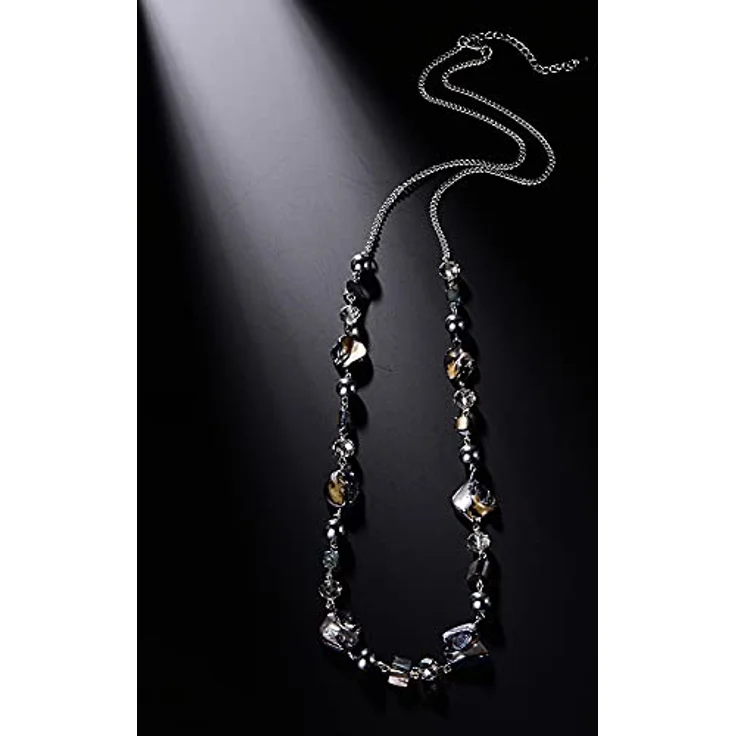 Bulinlin Damen Lange Perlenkette, Boho Silber Metallkette mit Harz- und Glaskristallperlen, 35 Zoll + 3 Zoll Verlängerung, Grau – Bild 5