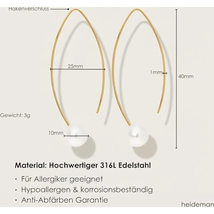 Heideman Auris Damen Ohrringe - Hängende Goldfarbene Perlenschmuck mit weißen Perlen - 4cm lang, hypoallergen – Bild 5