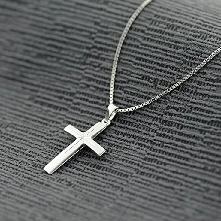 trendor Kreuz-Anhänger 24 mm Weißgold 585 (14 Karat) mit Silberkette, Damen und Herren Halskette, seidenmatt mit diamantiertem Dekor, 45 cm – Bild 3