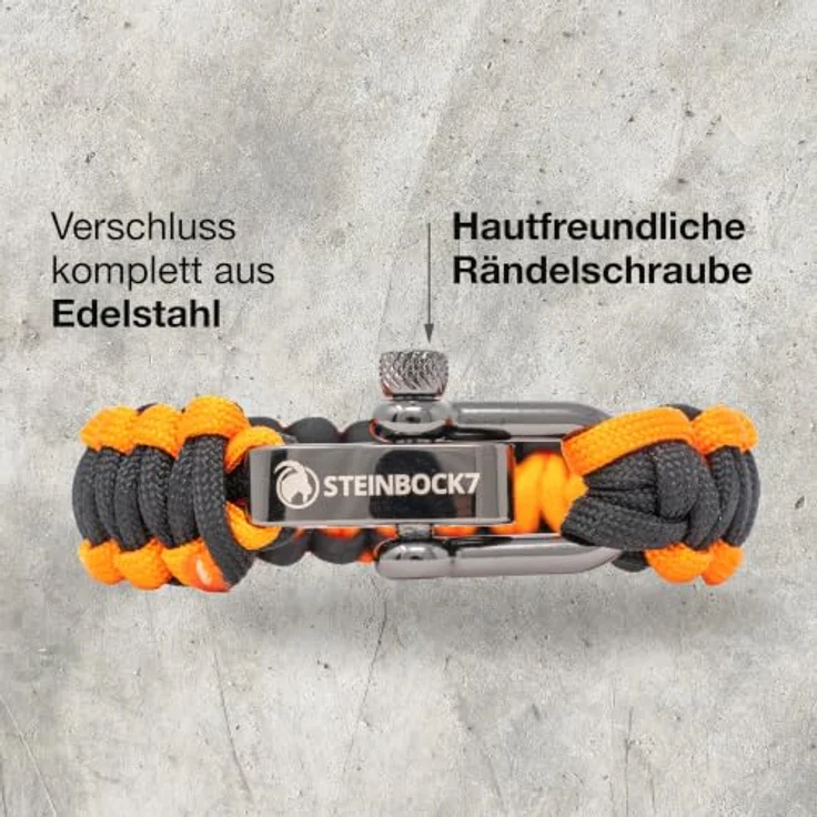 Steinbock7 Paracord Armband Herren Survival – Robustes Outdoor Armband mit Edelstahlverschluss, verstellbar, schwarz-orange für Camping und Bushcraft Abenteuer – Bild 4