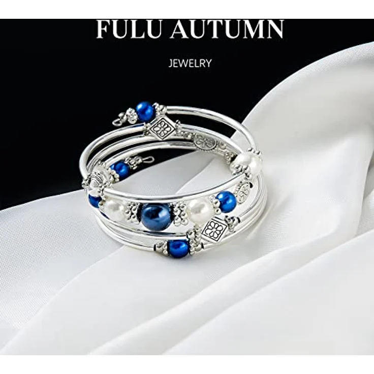 FULU AUTUMN Boho Armband mit Mehrschichtigen Perlen und Silber, Wickelarmband für Damen, 2,4 Zoll Innendurchmesser, Blau, Geschenkbox inklusive – Bild 3