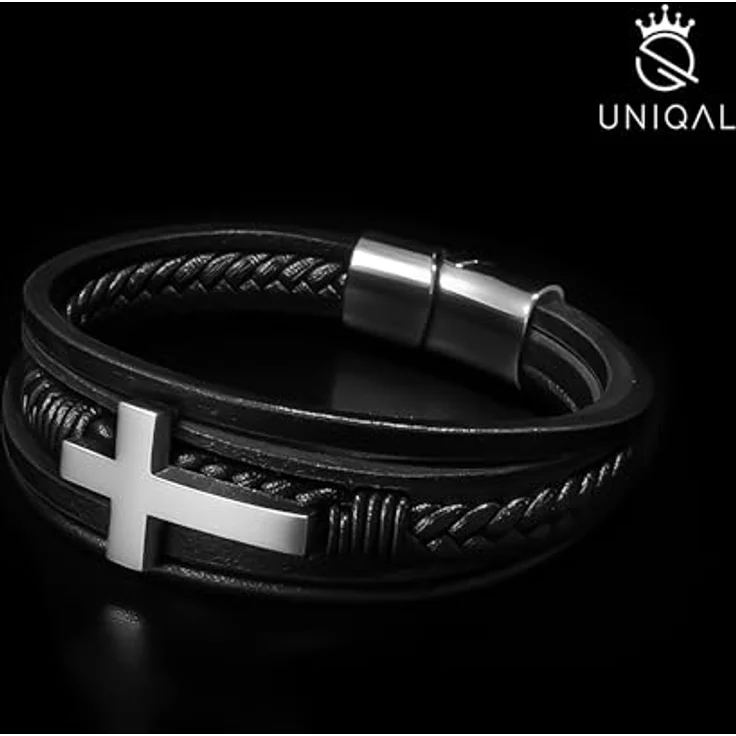 UNIQAL Kreuz Lederarmband Herren „HEAVEN“ | Echtleder Armband mit Kreuz, schwarzes Cross Bracelet, verstellbarer Magnetverschluss, Geschenkbox inklusive, 19 cm + Verlängerung – Bild 3