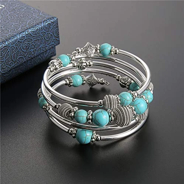 Bulinlin Silber Wickelarmband mit Naturstein Perlen, Mehrschichtiges Boho Damenarmband in Türkis - Umweltmaterialien, Geschenkbox, flexibles Wraparound-Design – Bild 3
