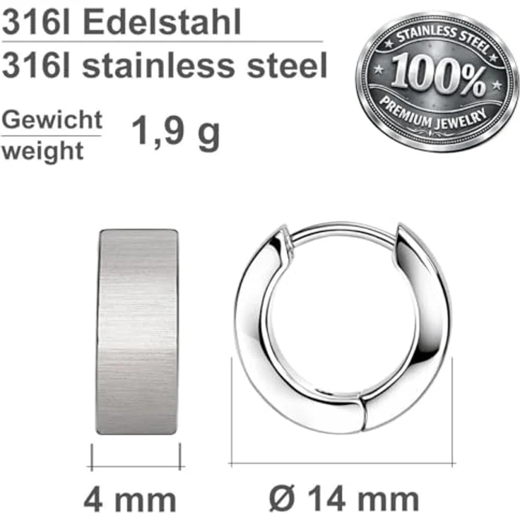 Soul-Cats Creolen aus Edelstahl, silber gebürstet, Unisex Ohrringe, Ø 14mm / 4mm breit, hypoallergen, klappbarer Verschluss – Bild 2