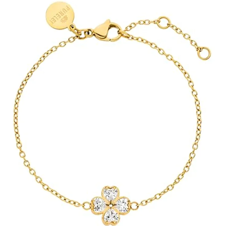 Purelei Cuore Armband – Ankerketten-Armband mit Kleeblatt-Anhänger aus Zirkonia-Herzen, 18K vergoldet, verstellbar auf 16/17,5/19 cm