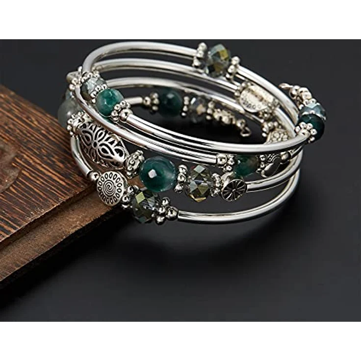 FULU AUTUMN Damen Boho Armband, mehrschichtiges Perlen Wickelarmband aus versilberter Legierung, Modeschmuck in Grün, Geschenkidee für Geburtstag und Muttertag – Bild 2
