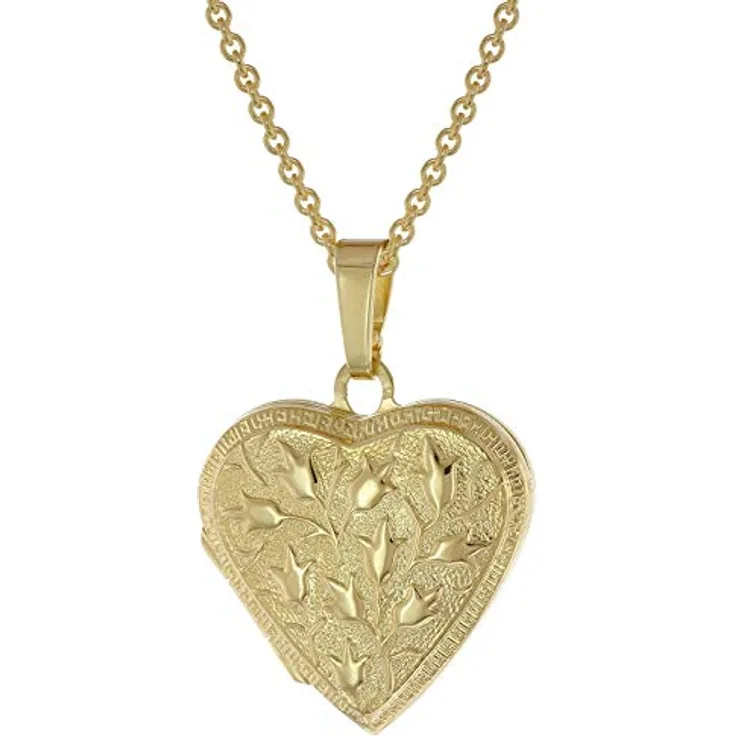 trendor Medaillon Herz mit Kette 925 Silber goldplattiert, 42 cm, eleganter Anhänger mit Platz für 2 Bilder, florale Prägung, Geschenkidee für Damen