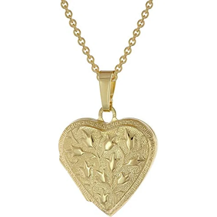 trendor Medaillon Herz mit Kette 925 Silber goldplattiert, 42 cm, eleganter Anhänger mit Platz für 2 Bilder, florale Prägung, Geschenkidee für Damen – Bild 1