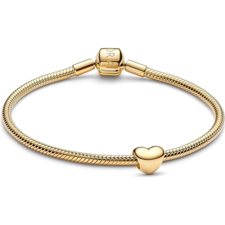 Pandora Charm-Armband Starter-Set, goldfarbenes Armband mit Mini Herz Bead-Charm, polierte Schlangenkette, Clip-Verschluss mit Logogravur