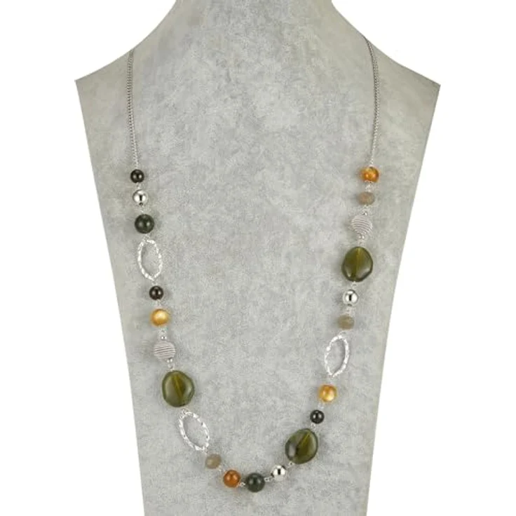 Bulinlin Silber Perplen Lange Kette für Damen, Boho Statement Chain Halskette, 35+3 Zoll, Army Green, Modeschmuck für Geburtstagsgeschenke – Bild 3