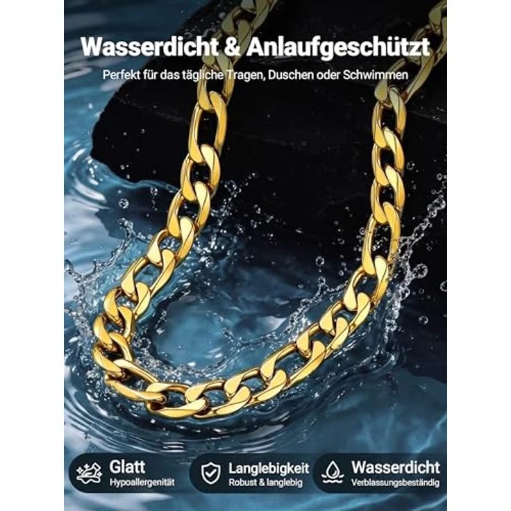 PROSTEEL Herren Halskette Figaro Kette aus Edelstahl 316L, gold, 13mm Breite, 55cm Länge, hypoallergen, mit Geschenkverpackung – Bild 2