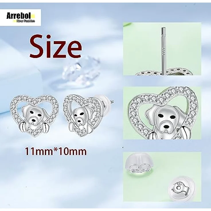 Arrebol Hund Welpen Ohrstecker 925 Sterling Silber mit Herzdesign, antiallergisch, für Damen, Geschenkbox inkludiert – Bild 5