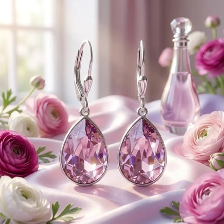 NOBEL SCHMUCK 925 Silberohrringe Rosa mit Markenkristallen, Tropfen-Design, Klapp-Verschluss, Made in Germany – Bild 3