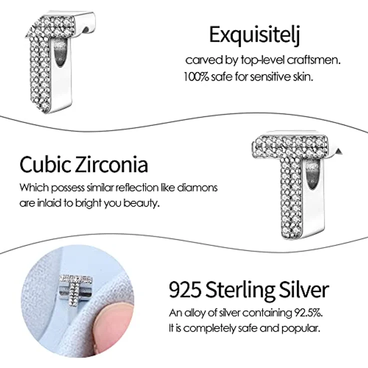 Pandach Charm Anhänger Buchstabe T, 925 Sterling Silber mit Zirkonia, kompatibel mit europäischen Armbändern und Halsketten für Frauen und Mädchen – Bild 5