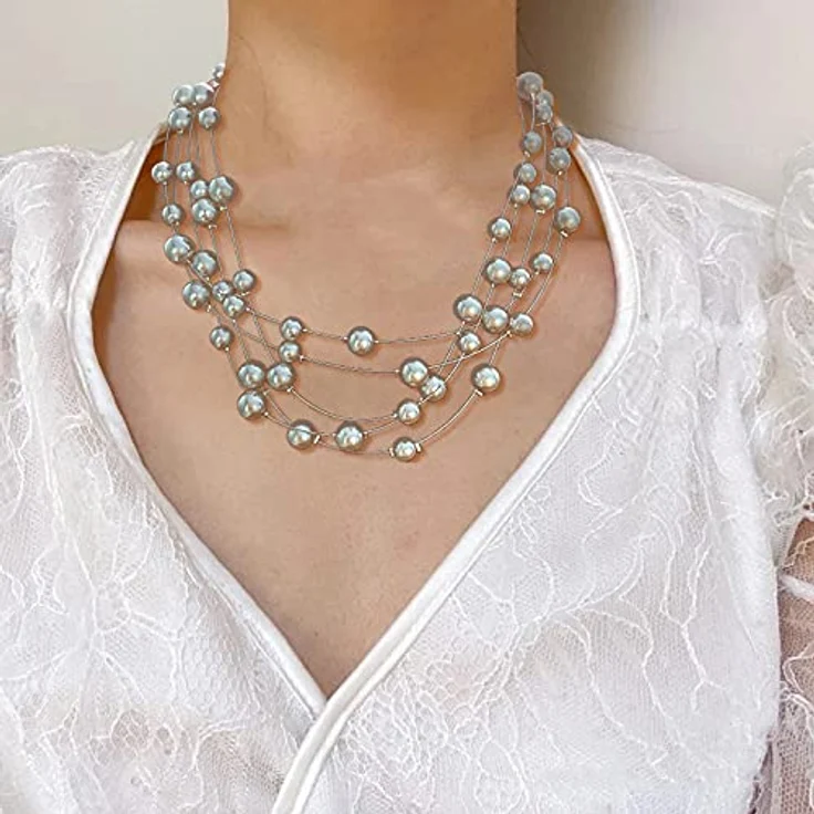 FULU AUTUMN Boho Perlenkette Damen Silber, 17" Mehrreihige Statement Kette in Grau, perfektes Geburtstagsgeschenk – Bild 4