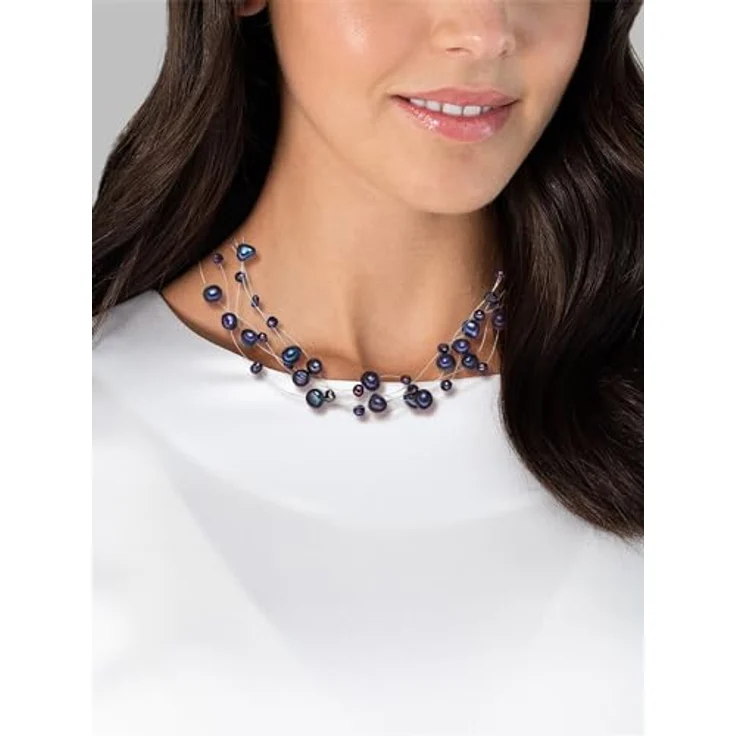 Valero Pearls Damen-Kette Süßwasser-Zuchtperlen Barock blau, 4-6 mm, 925 Sterling Silber, 43 cm + 5 cm Verlängerung, mehrreihiges Design – Bild 4