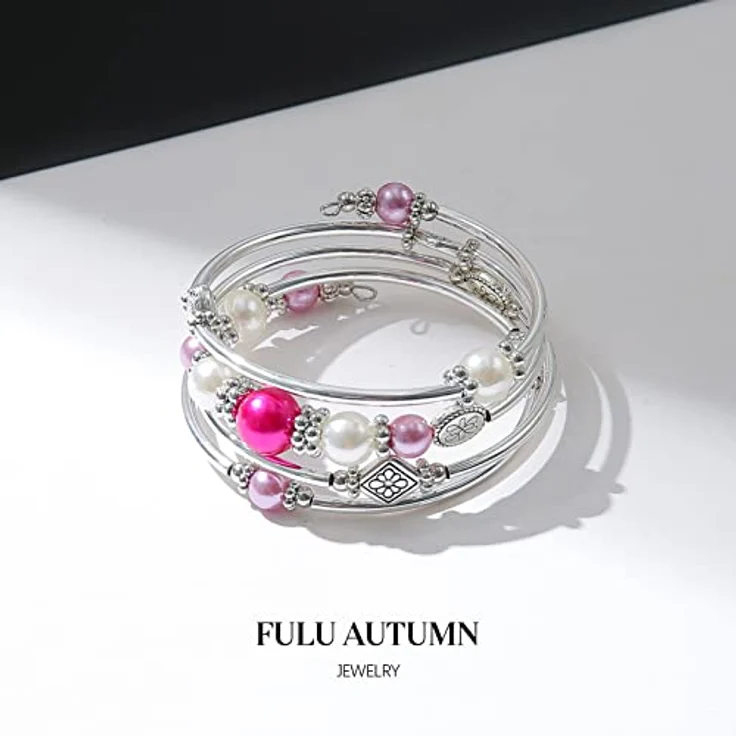 FULU AUTUMN Damen Boho Armband, mehrschichtiges Perlen Silber Wickelarmband, Geschenke zum Geburtstag und Muttertag, Hot Pink – Bild 2