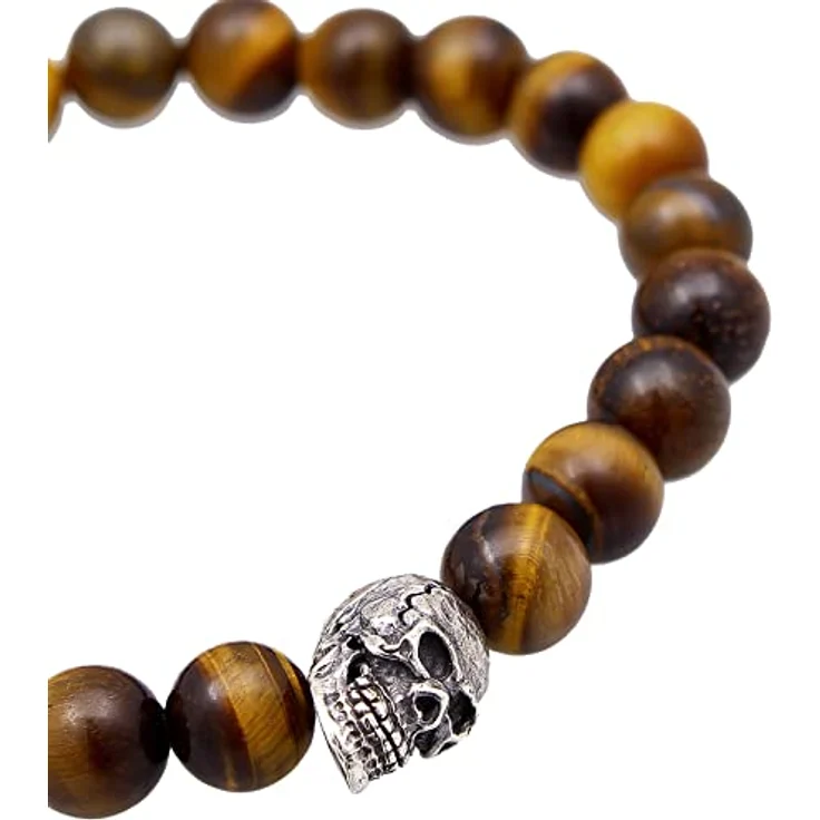 Kuzzoi Buddha Herren Armband Tigerauge (braun), Stretch-Perlen mit 925 Sterling Silber Totenkopf Bead, Chakra Yogaarmband, Länge 21 cm – Bild 3
