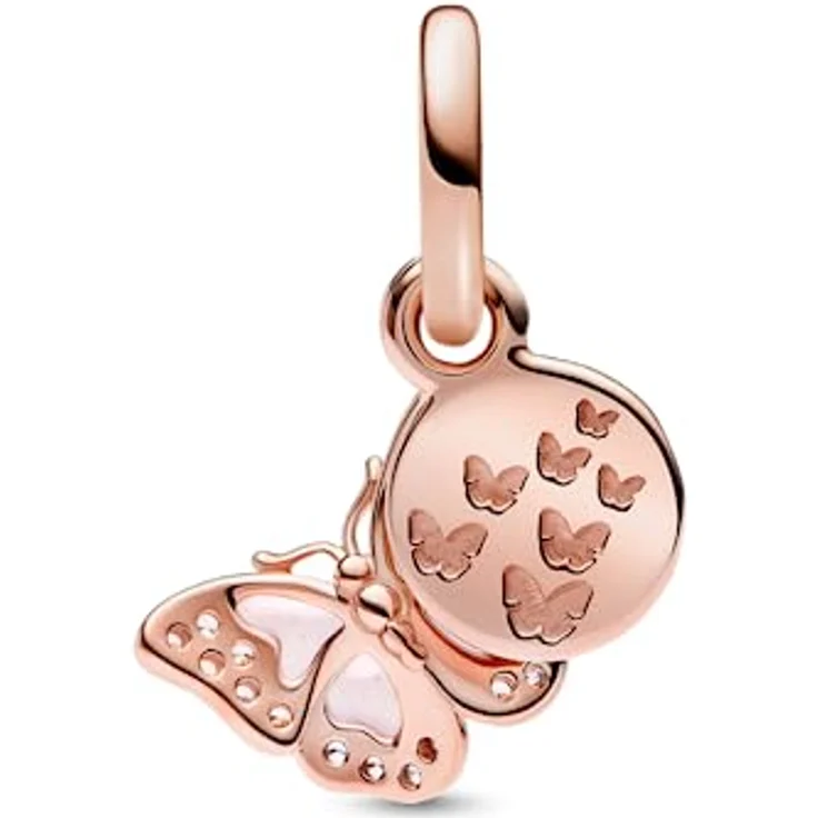 PANDORA Doppelter Charm-Anhänger Rosafarbener Schmetterling mit Gravur „One of a kind“, aus rosévergoldeter Metalllegierung mit Cubic Zirkonia, Pandora Moments Kollektion – Bild 4